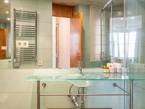 Shower, hair dryer, towels