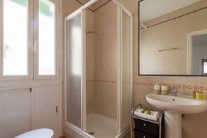 Shower, hair dryer, towels