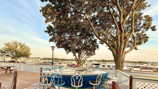 A deck with a table and chairs, overlooking a marina with boats. - ⨳ Lake Erie Waterfront condo conveniently located near Jet Express - 1BR 1 BA ⨳ (Port Clinton)