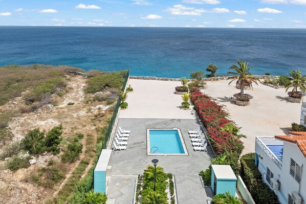 A rooftop pool with a view of the ocean, surrounded by palm trees and a stone wall. - Punta Azul Ocean Resort 6A (Sabana Westpunt)
