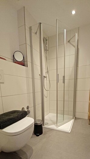 Regadera, secadora de cabello, toallas, papel de baño 