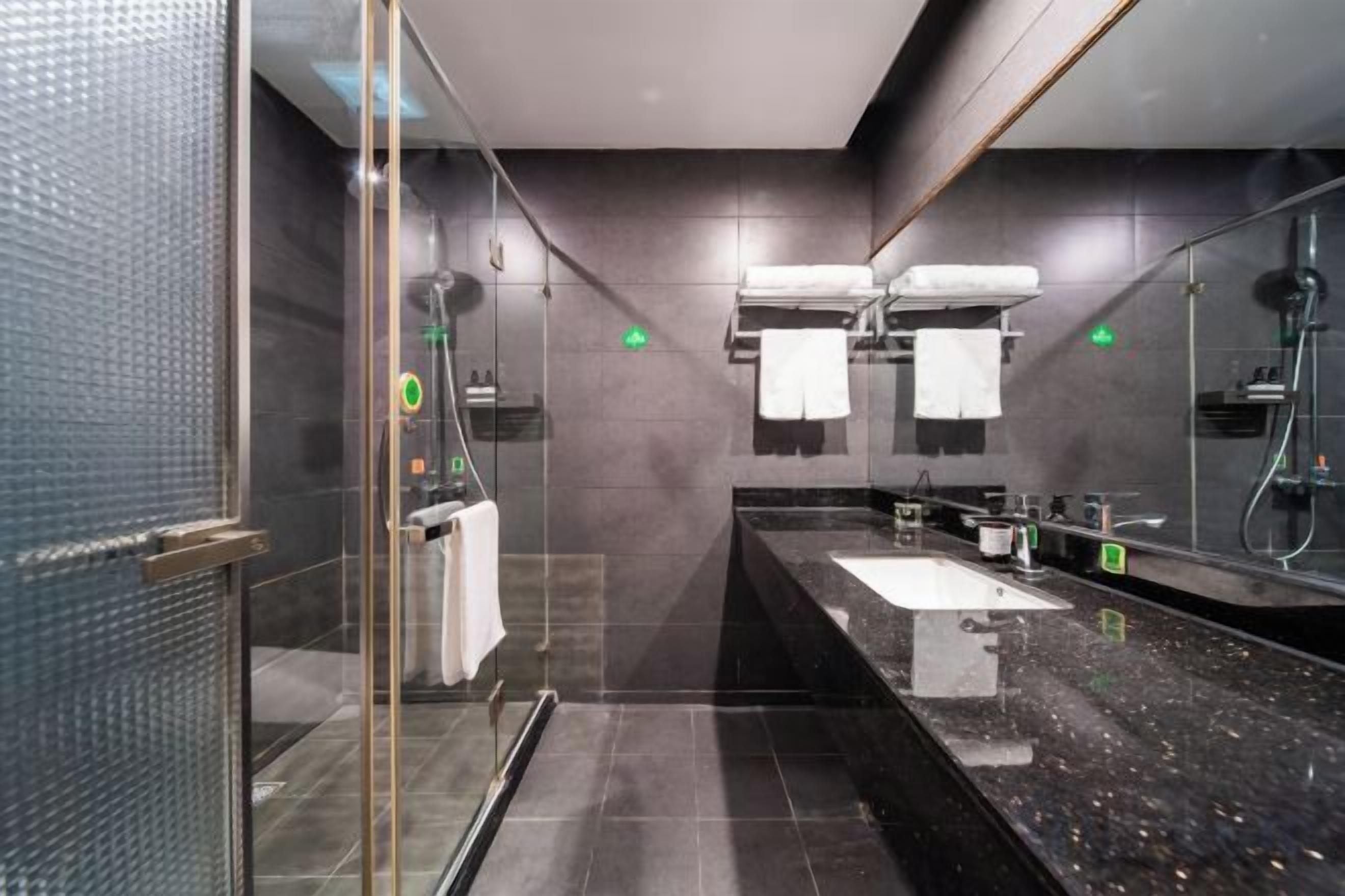 Un baño moderno con cabina de ducha de vidrio, un espejo grande y encimera negra.