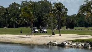 Campo de golf con un cuerpo de agua, palmeras y carritos de golf.