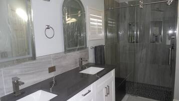 Hair dryer, towels, soap, toilet paper
