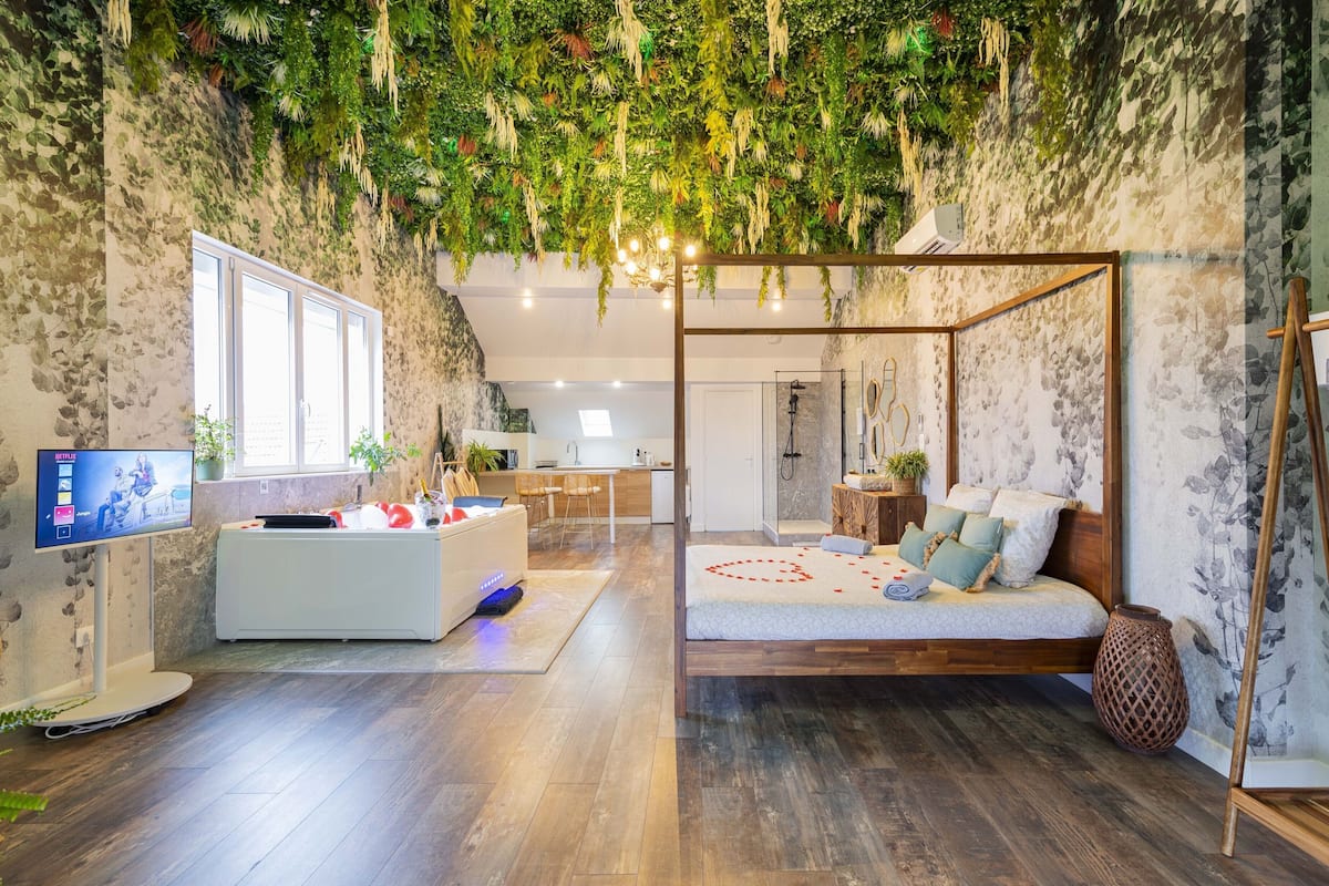 A room with a bed, a TV, a desk, and a wall with hanging plants.
