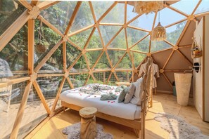 A geodesic dome room with a bed, wooden floor, and a view of trees through the transparent walls. - Le nid d Eliyah  (Nanteuil-lès-Meaux)