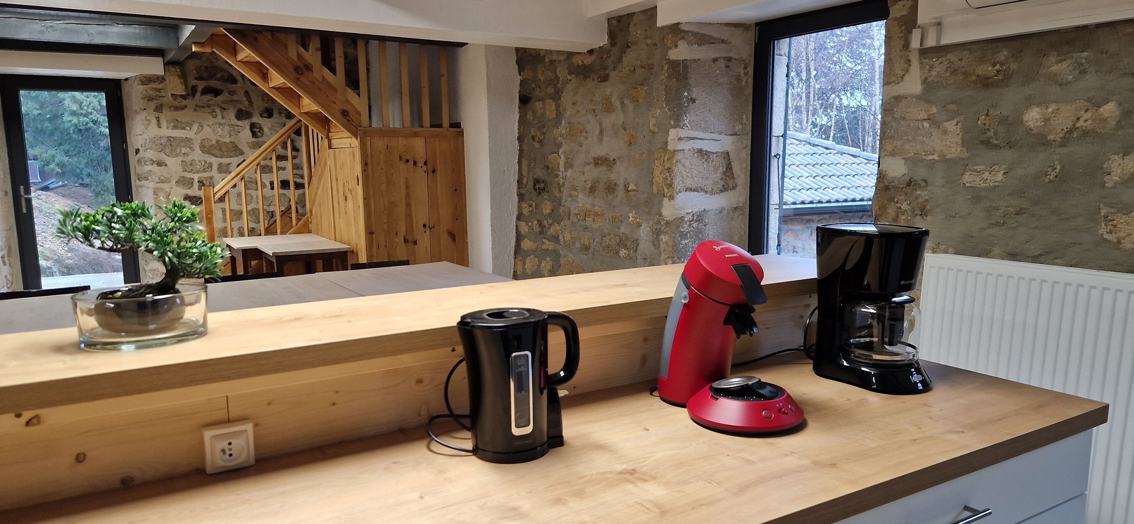 Una cucina con piano di lavoro in legno, una macchina da caffè, un bollitore rosso e una ciotola di vetro con una pianta.