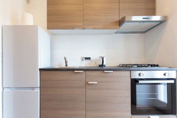 Fridge, oven, stovetop, cookware/dishes/utensils