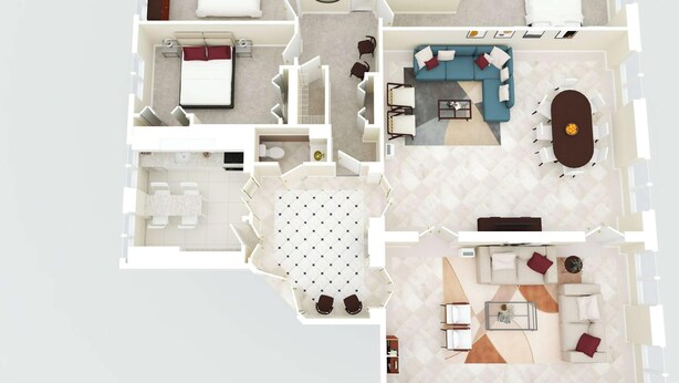 Distribución de un hotel con varias habitaciones, una sala de estar con sofá y mesa de centro, un comedor con mesa y sillas, y un baño con ducha e inodoro.