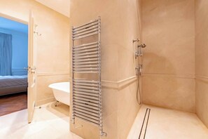 Shower, hair dryer, towels