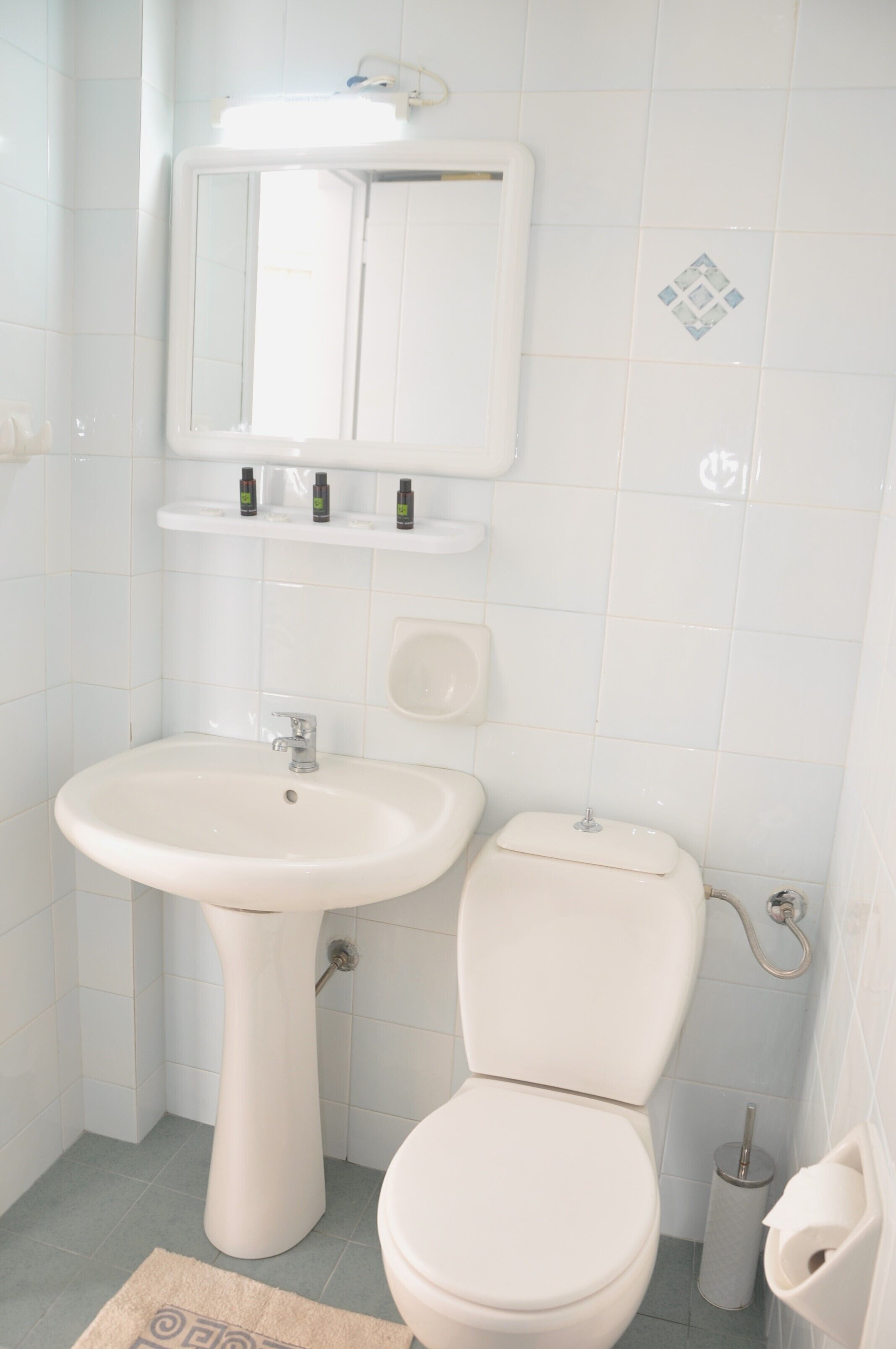 A bathroom with a pedestal sink, toilet, and a mirror above the sink.