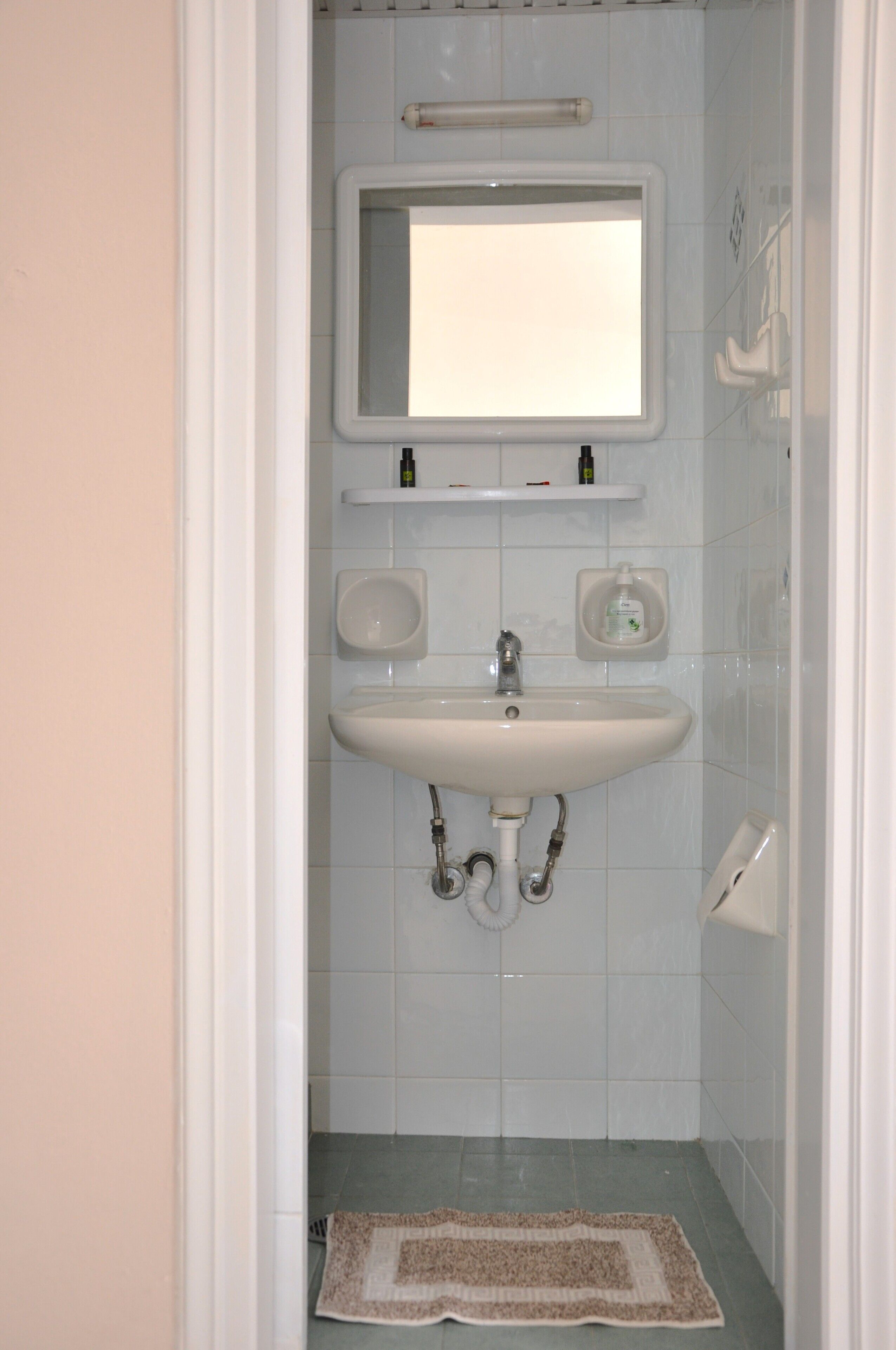 A bathroom with a sink, mirror, and toilet.