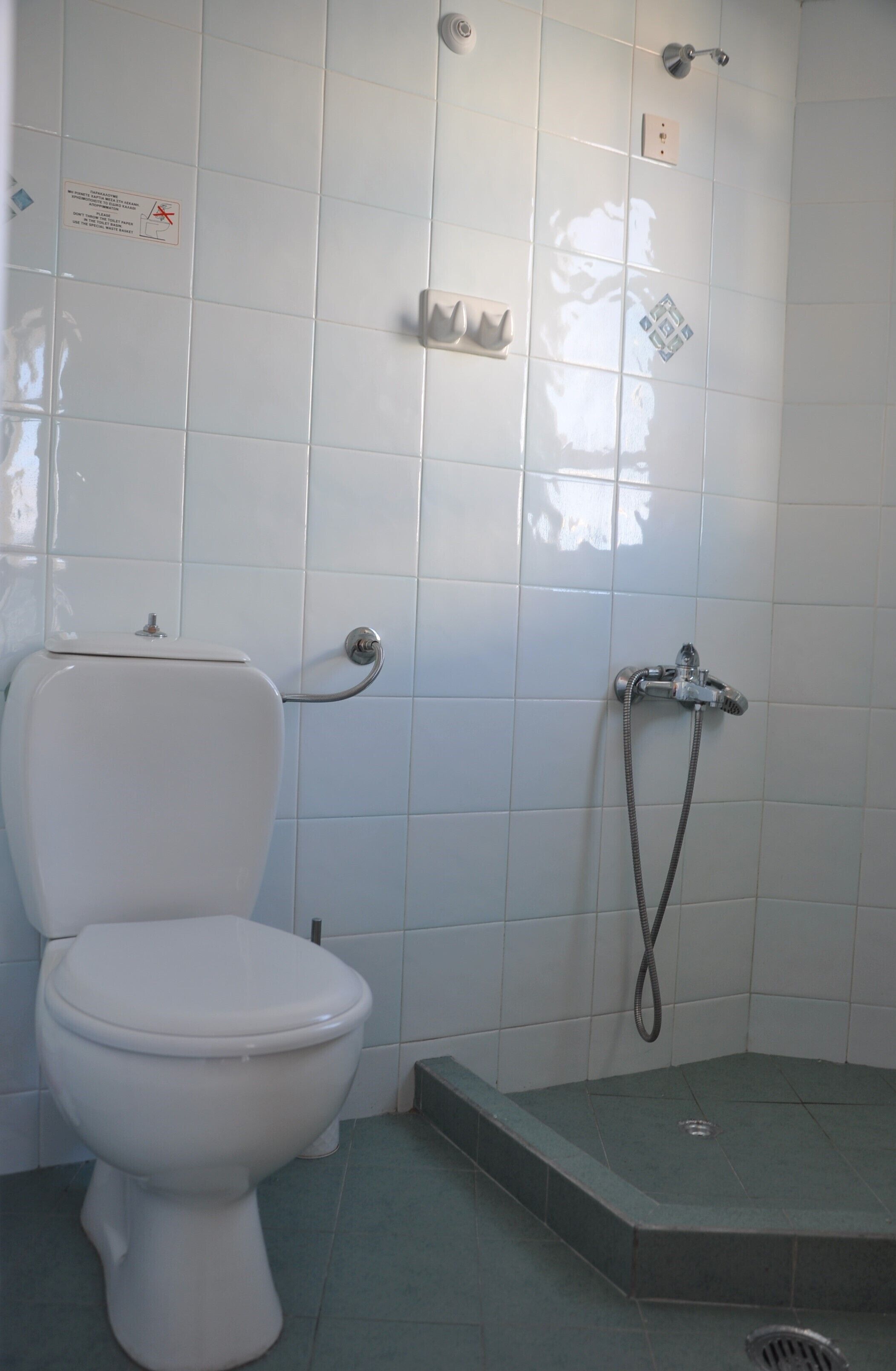 Un baño con inodoro, ducha y pared de azulejos.