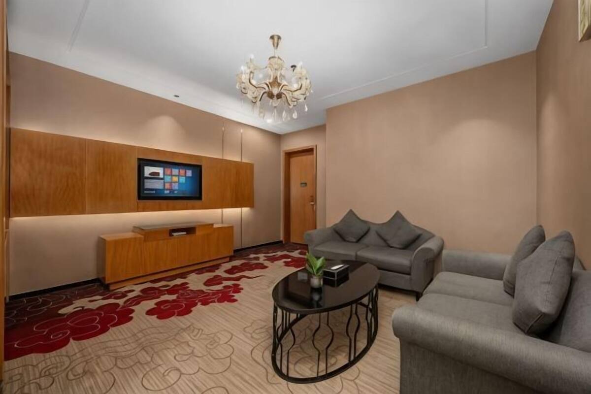 Una sala de estar moderna con una televisión de pantalla plana, un sofá, una mesa de centro y una alfombra estampada.