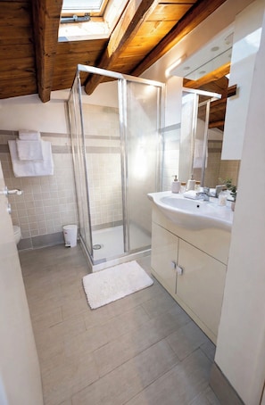 A modern bathroom with a glass shower enclosure, a white sink, and a large mirror.