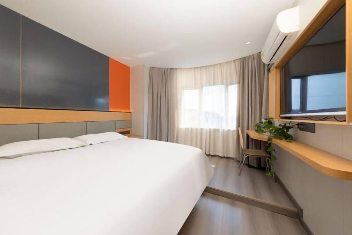Una habitación de hotel con una cama, televisión, escritorio y una planta.