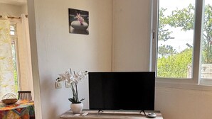 Habitación con un mueble bajo de madera para televisor, un televisor de pantalla plana, una pequeña planta en maceta y una ventana con vista a follaje.