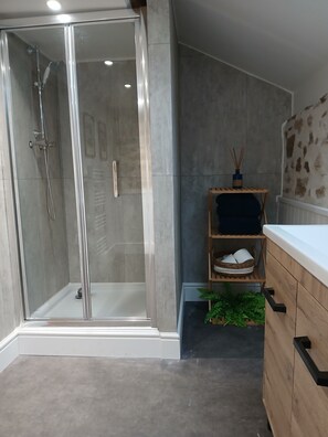 Shower, hair dryer, towels