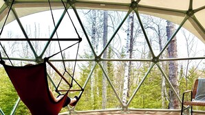 A spacious room with a large window, a hanging chair, and a circular blue rug.