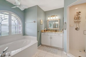 Shower, jetted tub, hair dryer, towels
