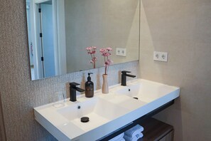Shower, hair dryer, bidet, towels