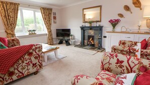 A living room with floral-patterned sofas, a fireplace, a television, and a dining area with a white cabinet. - 2 Mountain View (Wrexham)