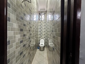 Shower, towels, soap, toilet paper