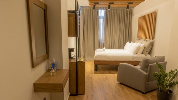 Une chambre d’hôtel avec un lit, un bureau, une chaise et une plante en pot.
