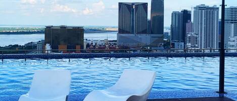 A rooftop pool with two white lounge chairs, a city skyline in the background, and a view of the water.
