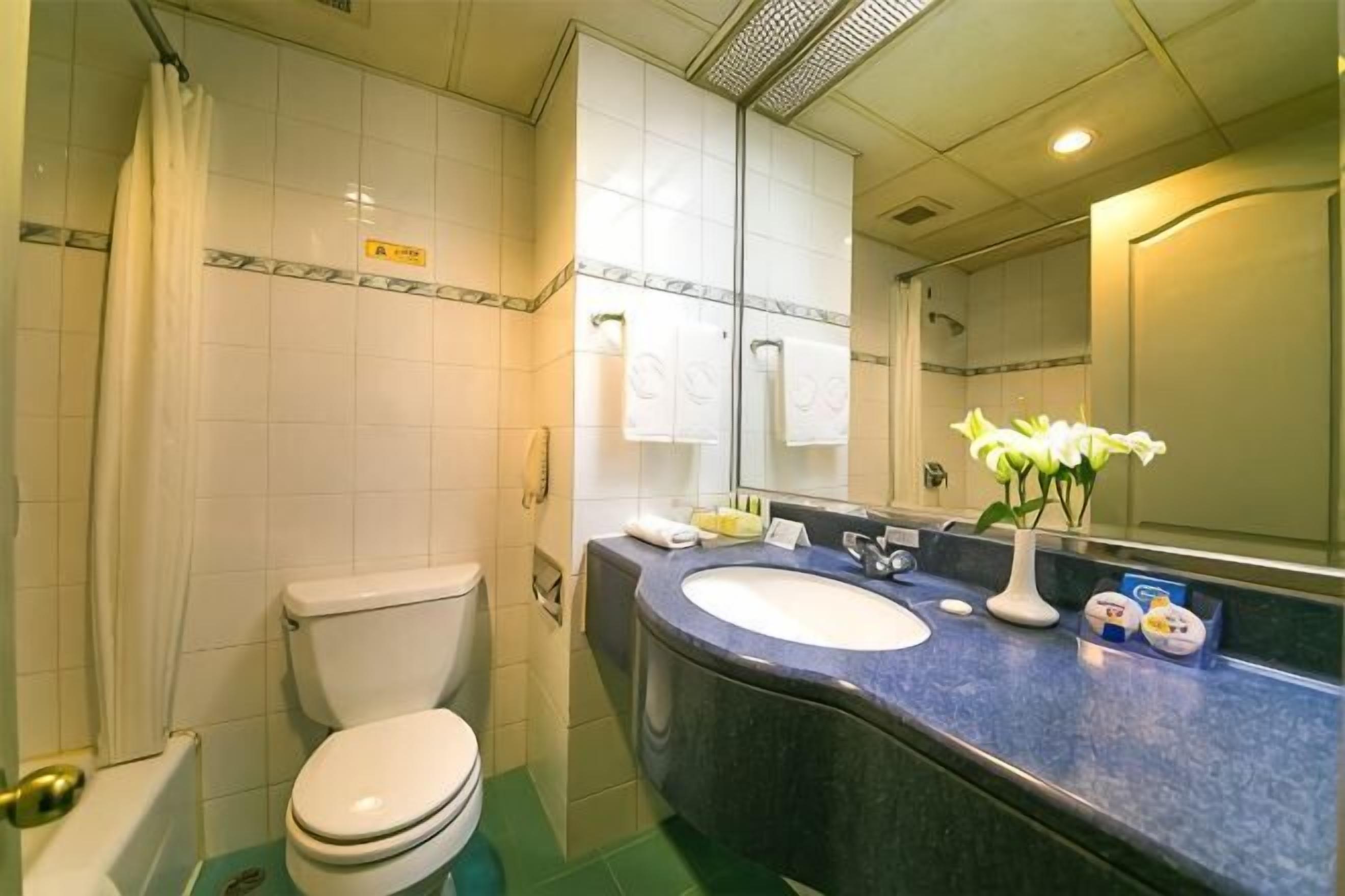 A bathroom with a toilet, sink, and mirror.