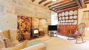 A cozy living room with a stone fireplace, a television on a stand, wicker furniture, and a wooden rocking chair. - Ty Glan Yr Afon (Dolgellau)