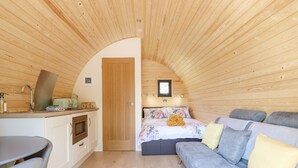 A compact room with a kitchenette, a bed with floral bedding, and a sofa with cushions. - Eirlys (Dolgellau)