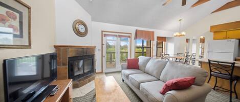 Fireplace, books, music library