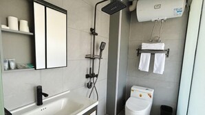 Une salle de bain moderne équipée d’une douche, de toilettes et d’un lavabo.