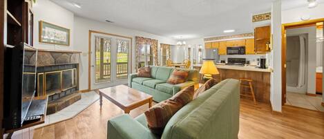 Fireplace, books, music library