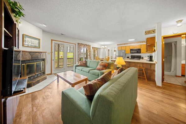 Fireplace, books, music library