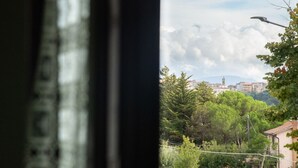 Blick durch ein Fenster auf eine Stadtlandschaft im Hintergrund, mit Gebäuden, Bäumen und einem bewölkten Himmel.