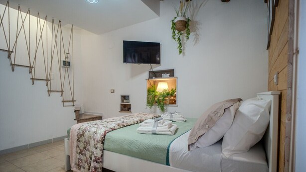 A modern bedroom with a bed, a TV mounted on the wall, a small shelf with a lamp, and a hanging plant.