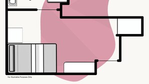 Un plan d’étage comprenant une salle de bain, des toilettes, un lavabo et un lit.