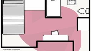 A room layout with a bed, a desk, a chair, a wardrobe, a sink, and a toilet. - Camden | Room B2 - Studio Apartment, Sleeps 2 (London)