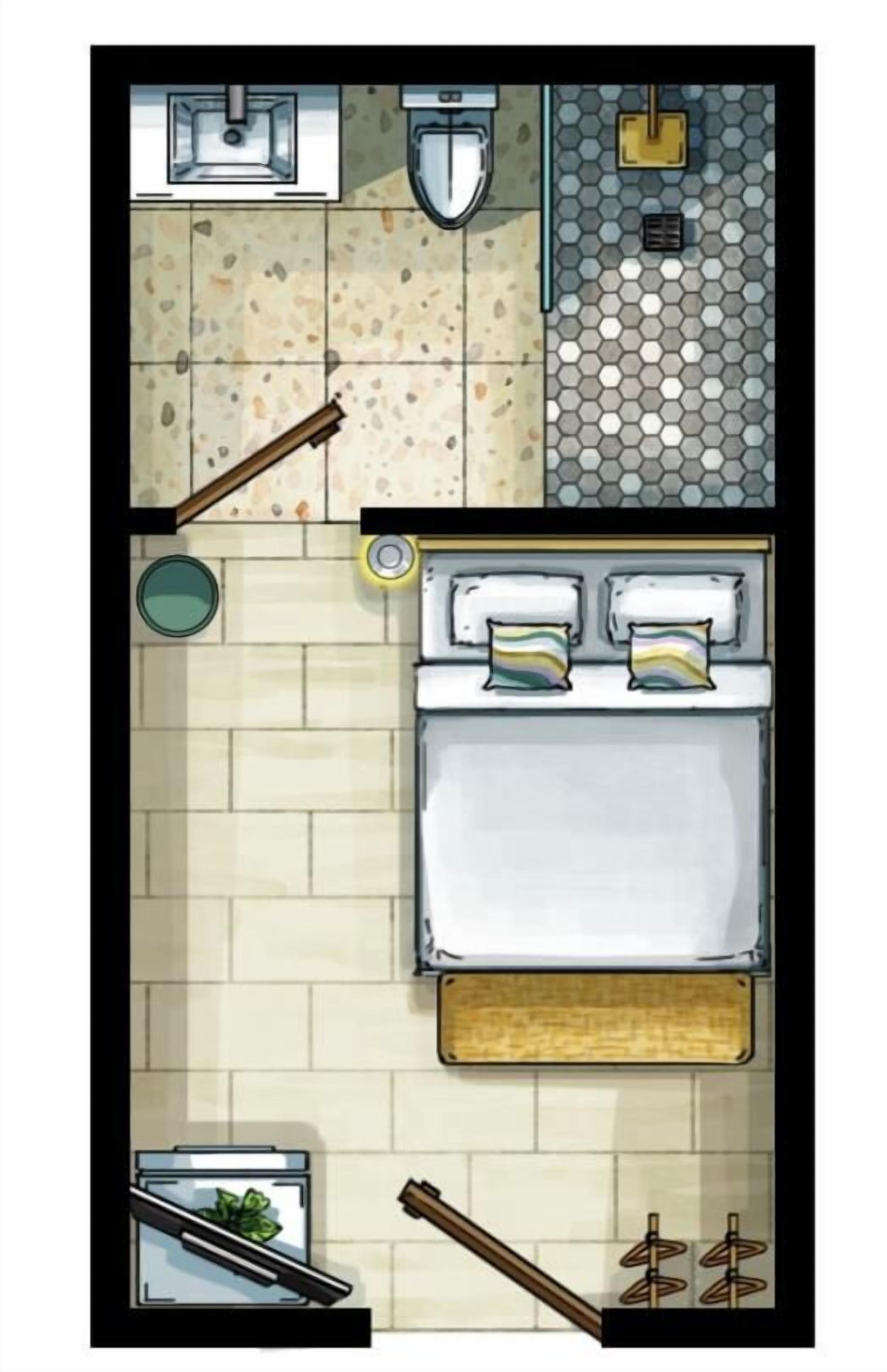 A top-down view of a bathroom with a toilet, bidet, and sink.