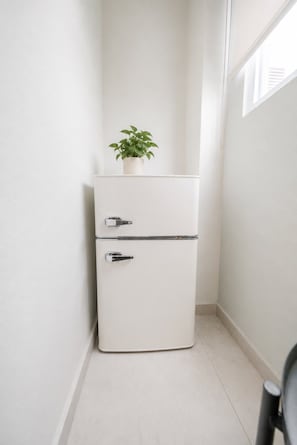 Un refrigerador blanco de dos puertas, con una planta en maceta encima y una silla al frente.