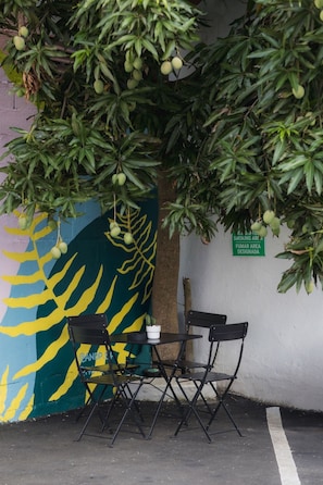 A table and chairs under a tree with green leaves and unripe fruits, next to a wall with a green sign and a colorful mural. - Sleek & Serene Stay in San Juan (San Juan)