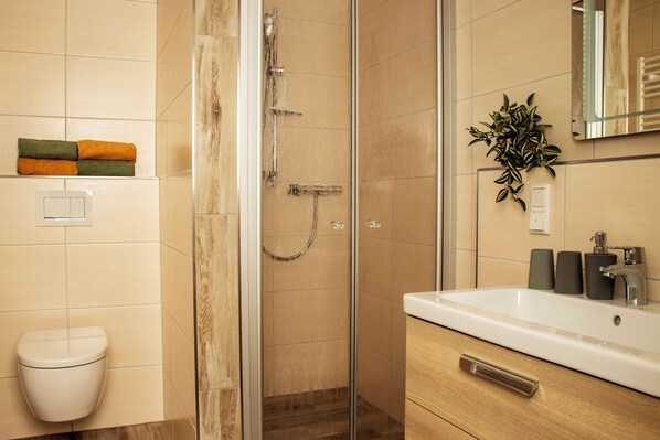 Shower, hair dryer, towels, soap