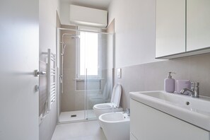 Shower, hair dryer, bidet, towels