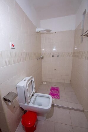 Een douche, gratis toiletartikelen, pantoffels, handdoeken