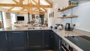 A modern kitchen with dark cabinets, a stainless steel sink, and a black induction cooktop. - Bower Cottage (Beaminster)