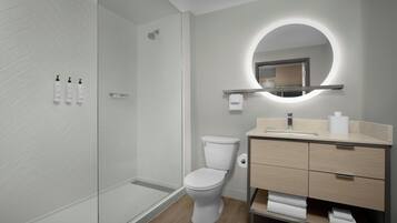 A modern bathroom with a glass shower enclosure, a toilet, and a vanity with a mirror.