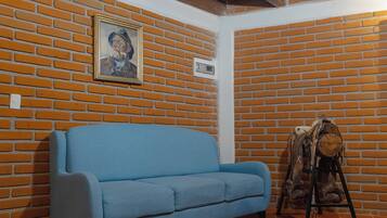 Småhus – junior, terrasse, bakgårdsutsikt | Oppholdsområde | En 30-tommers smart-TV med digitale kanaler samt peis