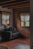 Standard Cabin, Patio, Mountain View | Living area | 30-inch Smart TV with digital channels, fireplace